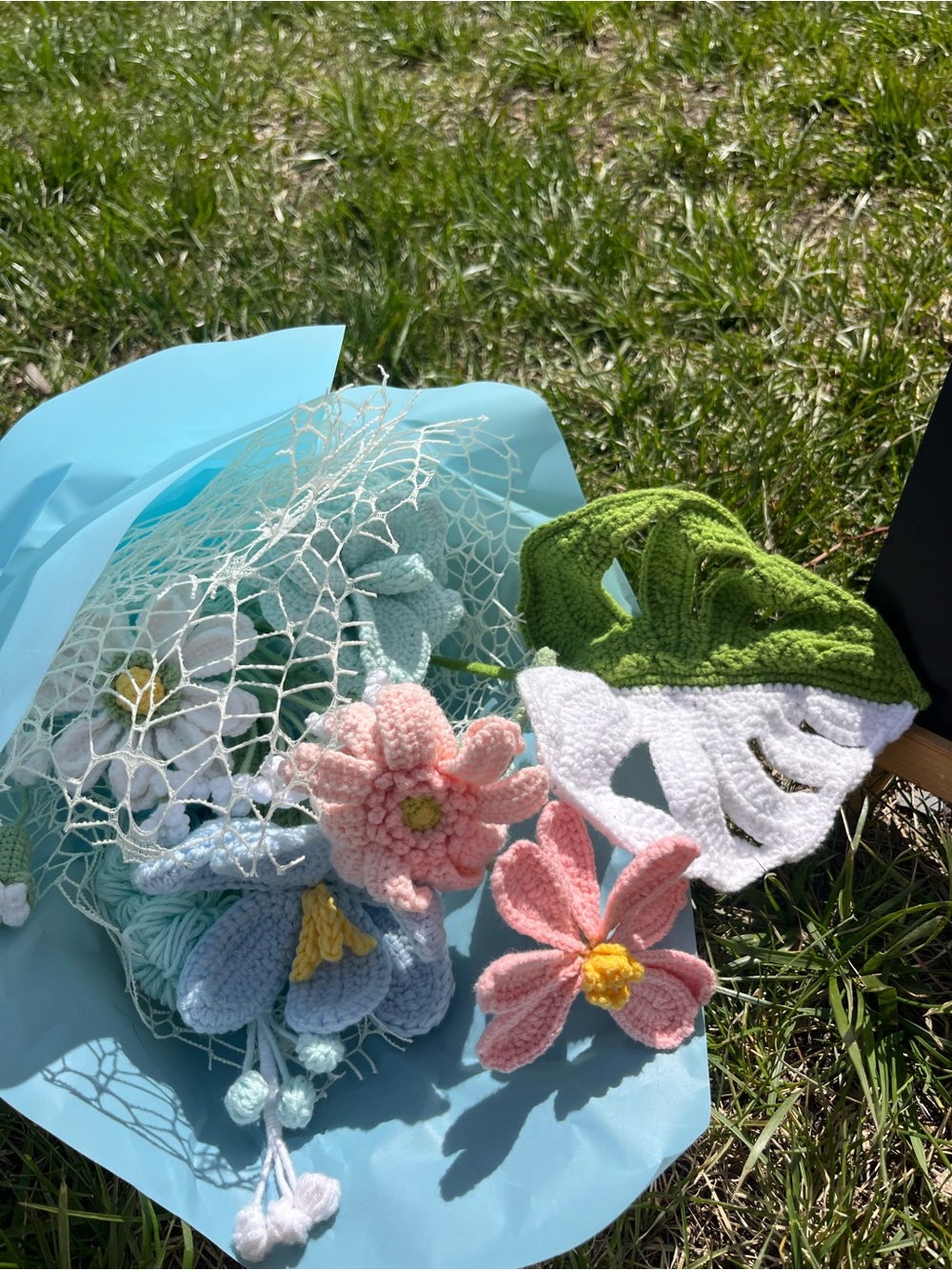Crochet Floral Bouquet with Pink & Blue Flowers and Green Leaves